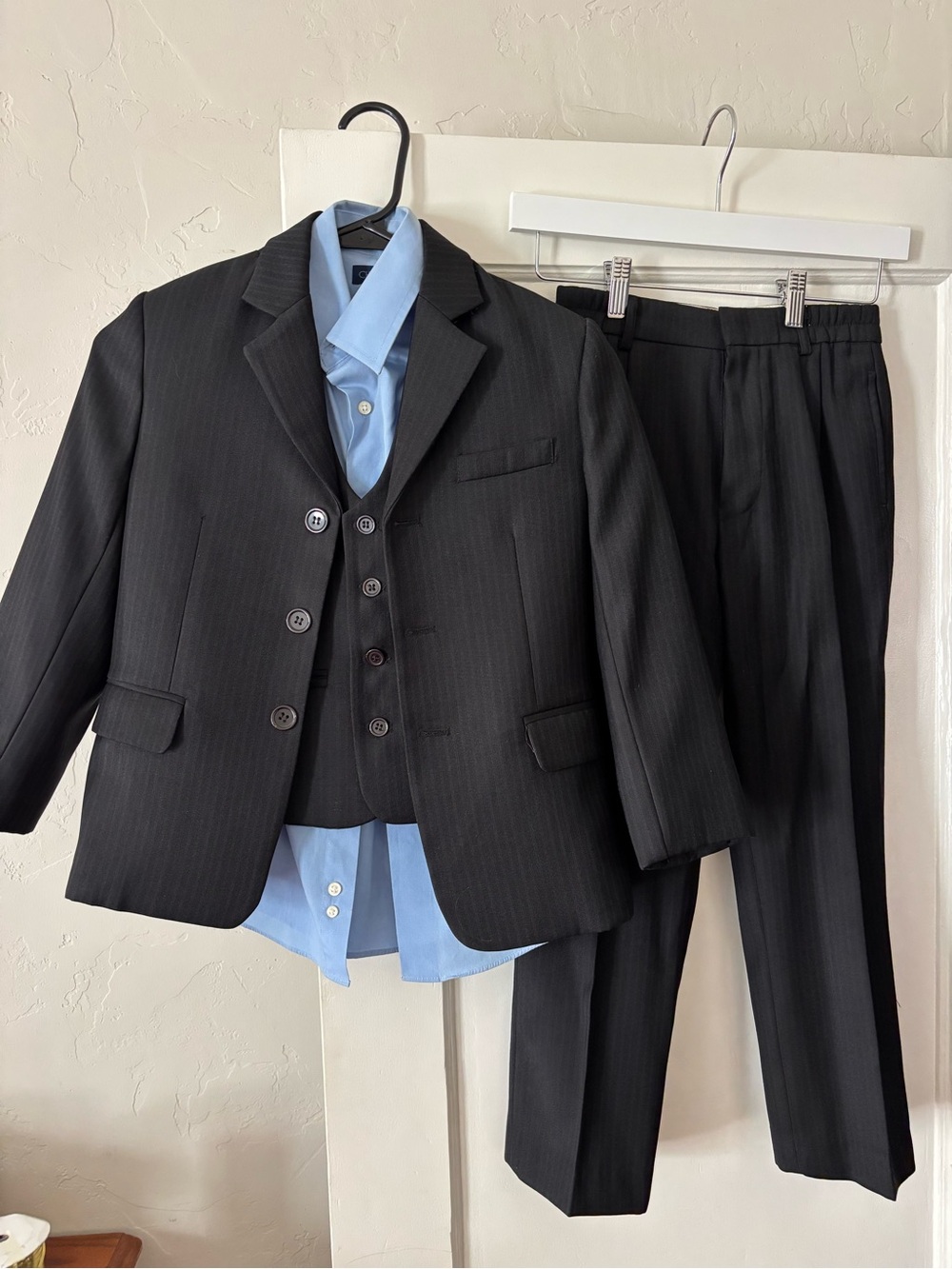 Tip Top Kids Black Pinstripe 3-Piece Suit with Light Blue Shirt